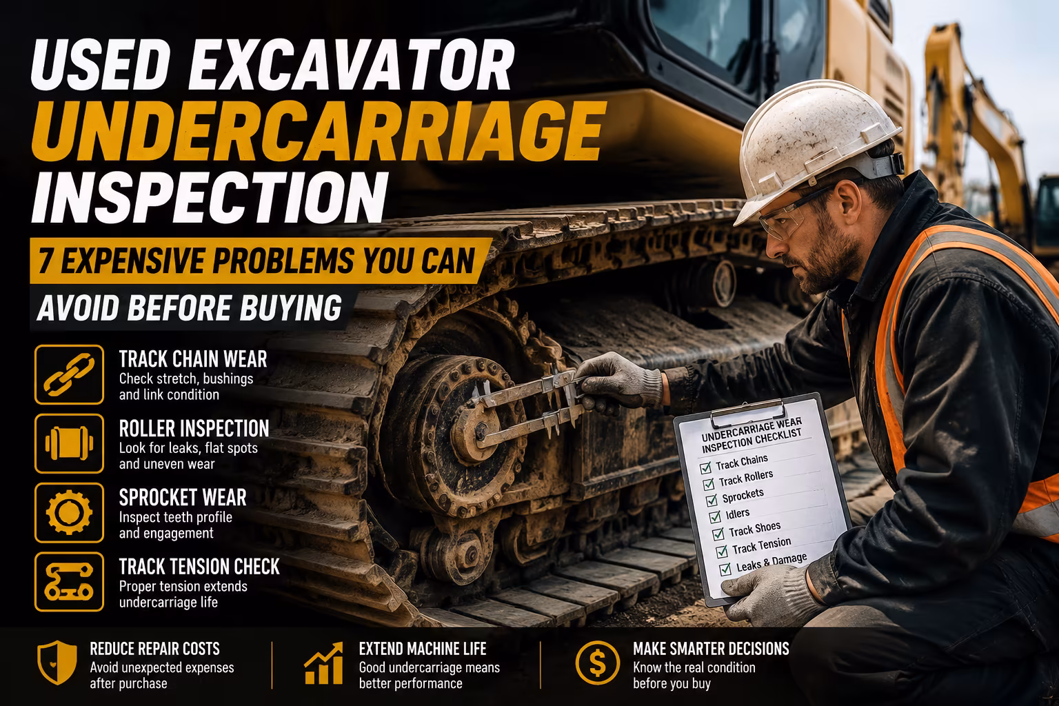 Infographic showing used excavator undercarriage inspection checklist: 7 key areas to inspect including track chain wear, rollers, sprockets, and track tension to avoid expensive repairs before buying.