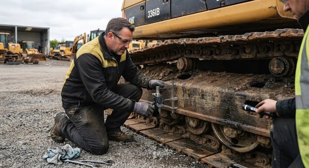 Professional mechanic measuring excavator track chain wear with digital calipers in an equipment yard, detailed inspection of used heavy machinery undercarriage components.